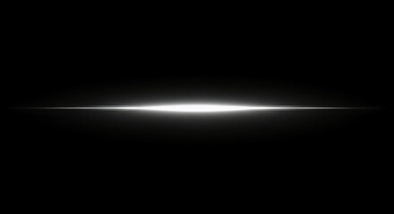 Soft white silver horizontal light beam with subtle lens flare effect on black background for minimalist design projects