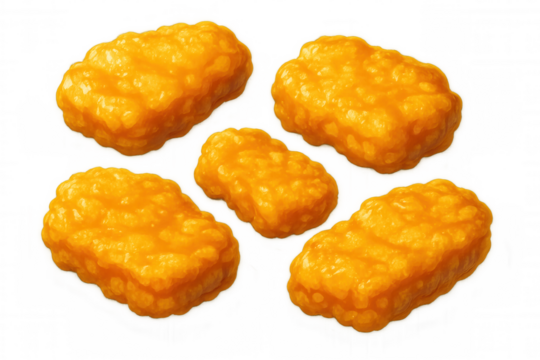 Five crispy golden brown chicken nuggets floating against a transparent background, ready to be added to any design project