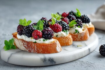 Nutritious toast keto sandwiches snacks sweet bruschetta with cheese berries ricotta and honey on a marble surface