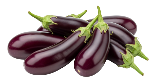 Frische, glänzende Auberginen mit tiefvioletter Schale, transparenter Hintergrund, PNG
