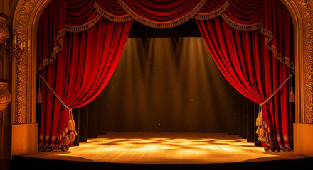 Empty theater stage with luxurious red velvet curtains and golden details under dramatic spotlights.