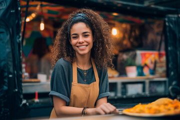 Smiling waitress showing pizza in food truck at street food festival