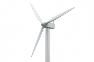 Modern white wind turbine generating sustainable and renewable energy against a transparent background