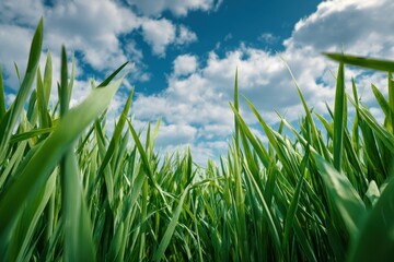 Fototapeta premium Spring photos of cereal crops in a vibrant field like wheat oats or corn under a blue sky with fluffy clouds