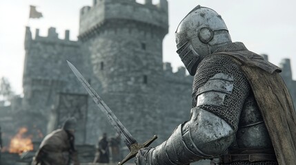 In a castle, a medieval warrior holds a sword and carries an armorial shield