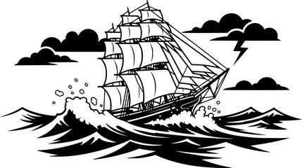 Black and White Illustration of a Sailing Ship on Rough Seas, Nautical Art