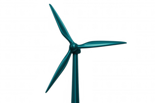 Green wind turbine spinning against transparent backdrop, symbolizing clean energy innovation