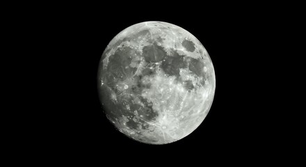 Obraz premium Full moon detailed lunar surface with craters and maria visible against pure black space background for astronomy education