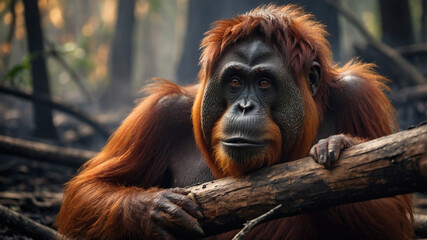 Fototapeta premium Orangutan in Burned Rainforest, Deforestation, Endangered Wildlife