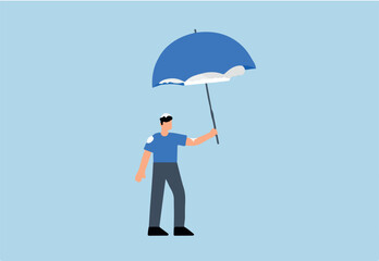 Business disaster, drenched businessman standing wet under an umbrella on rainy day.