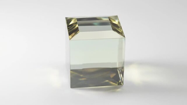 Close up view of a square cut diamond on a white surface with light reflecting through the gem stone