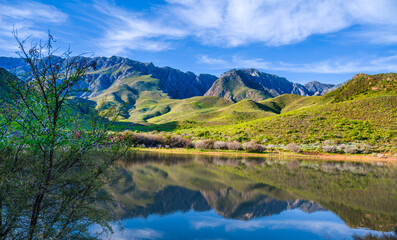 Langeberg Mountains reflection in a lake, Robertson, South Africa