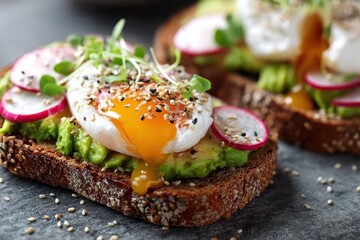 Nutritious breakfast whole grain toast topped with avocado poached egg radish and sesame Embracing clean eating