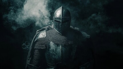 Naklejka premium In a historical combat setting, a knight from the medieval era dons full armor and a helmet as they prepare for battle amidst swirling smoke and sparks