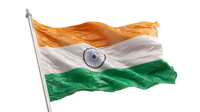 Indian flag waving in the wind with orange white and green bands and a blue chakra in the center