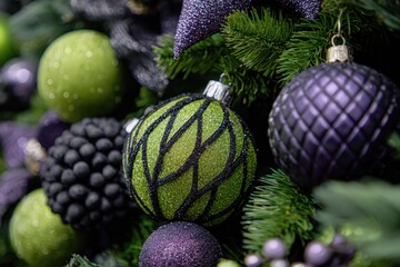 Fototapeta premium Close up of Christmas tree decorations in green lilac and black Horizontal view
