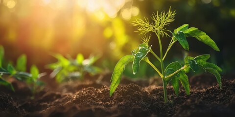 Young Plant Growing In Sunlit Garden Soil. Symbol Of Growth And Sustainability