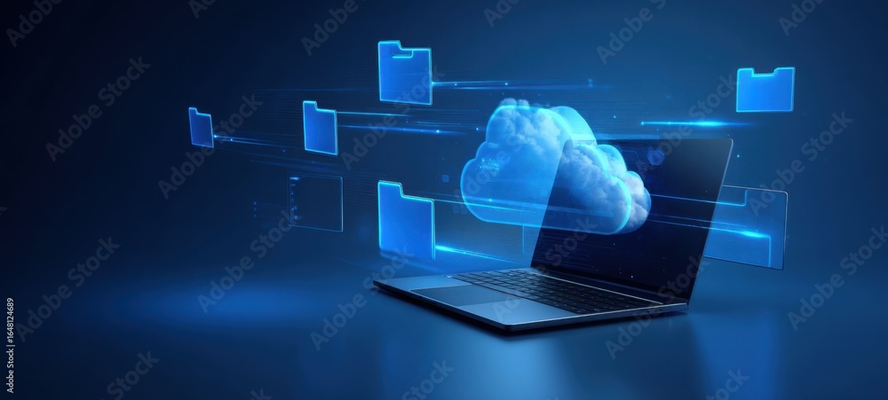 Aufkleber the laptop with floating cloud and digital file folders representing cloud storage transfer