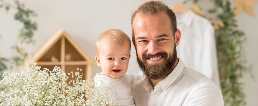 The father holding his smiling baby in a bright cozy nursery with flowers