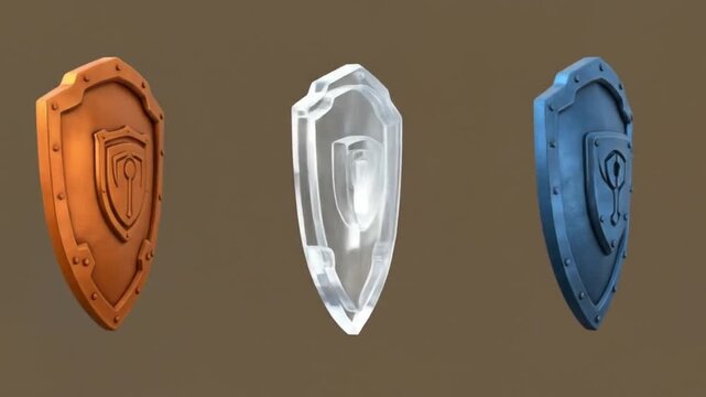 Three stylized shields in gold clear and blue colors with emblem on a neutral background render