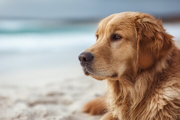 Golden Retriever on the beach gazing into the distance Pedigree dog on a white backdrop Close up of a brown puppy at the shore Amusing carnivorous animal near the coast