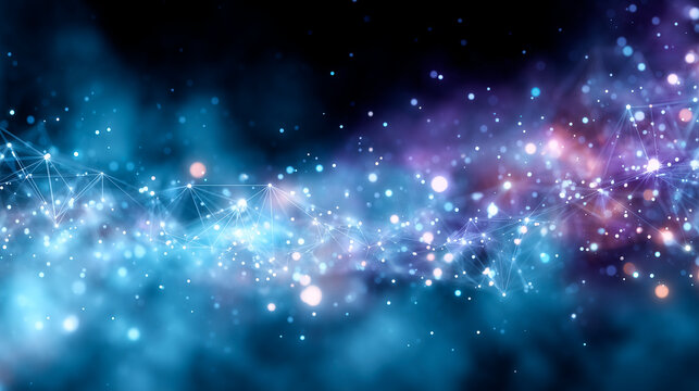 Abstract background of blue and purple light waves and glowing particles. Spreading network of particles and network pattern.