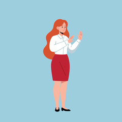 Businesswoman with red skirt and long hair in professional outfit standing on blue background vector illustration 