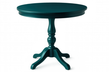 Classic round teal table with carved pedestal leg isolated on transparent background, perfect for interior design projects