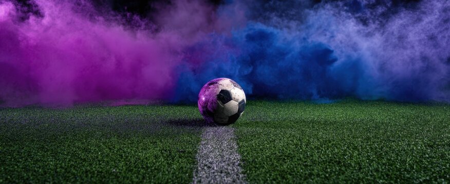 The soccer ball centered on illuminated turf with vibrant purple and blue smoke