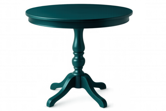 Classic round teal table with carved pedestal leg isolated on transparent background, perfect for interior design projects