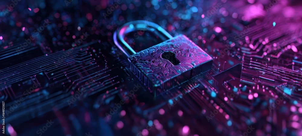 Poster the padlock on a circuit board representing digital security and data protection