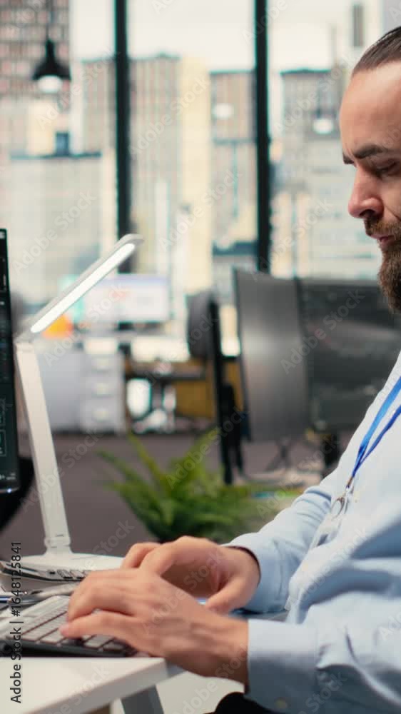 Poster vertical video trader in office leverages artificial intelligence on laptop to interpret charts, opt