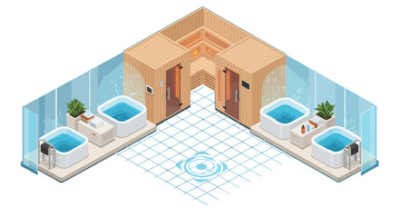 Isometric sauna tubs wellness spa interior design relaxation therapy health lifestyle treatment room concept
