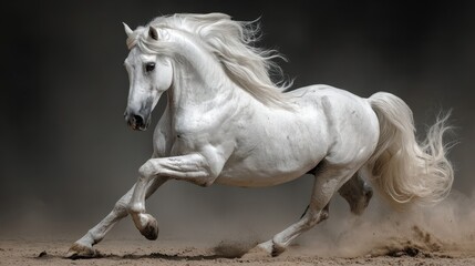 Fototapeta premium Majestic white horse galloping across a sandy landscape at dusk with flowing mane and tail creating a striking silhouette