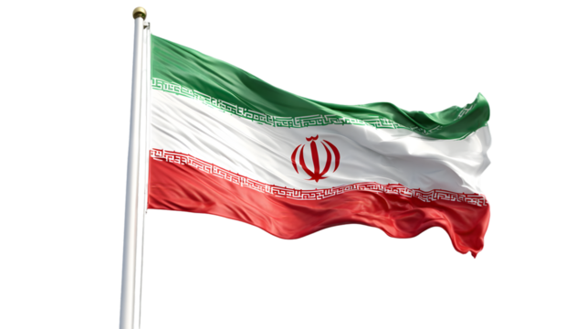 Iranian flag waving in the wind on a silver pole against a dark background creating a stark contrast