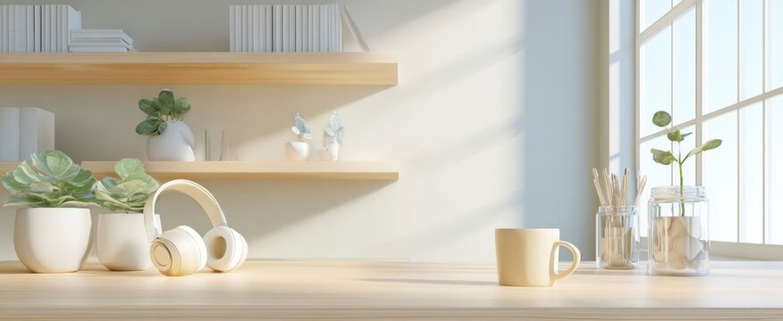 [The wooden desk with succulents mug headphones and bright sunlit minimalist workspace]