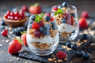 Nutritious muesli breakfast with Greek yogurt and fresh seasonal berries in a clear glass