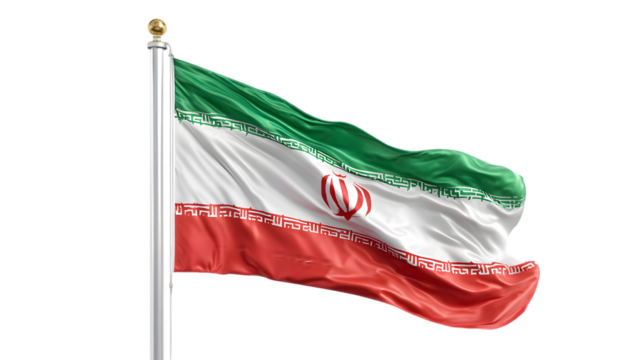 A waving flag of iran on a silver pole against a black background in a studio shot image format