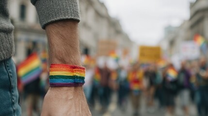 Close-Up Of A Rainbow Wristband At A Pride Parade. Symbol Of Lgbtq+ Support And Celebration