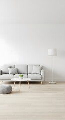 Bright and minimalist living room featuring a grey sofa, round coffee table with a plant, floor lamp, and a soft pouf on a light wooden floor.