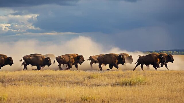 Bison herd thunders across golden prairie creating dust clouds under dramatic sky