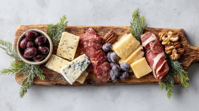 Charcuterie Board With Assorted Cheeses, Meats, And Fruits On Rustic Wooden Platter. Gourmet Appetizer For Festive Gatherings - Powered by Adobe