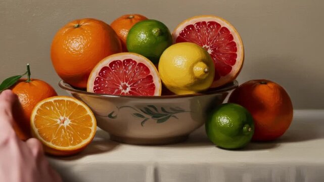 Still life showcasing citrus fruits in a bowl with a hand reaching for a sliced orange piece