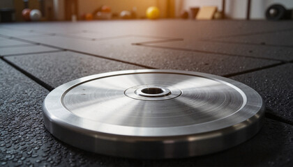 Weight plate resting on gym floor in well-lit fitness center  