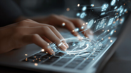 Close-up of hands typing on laptop with digital marketing icons overlay