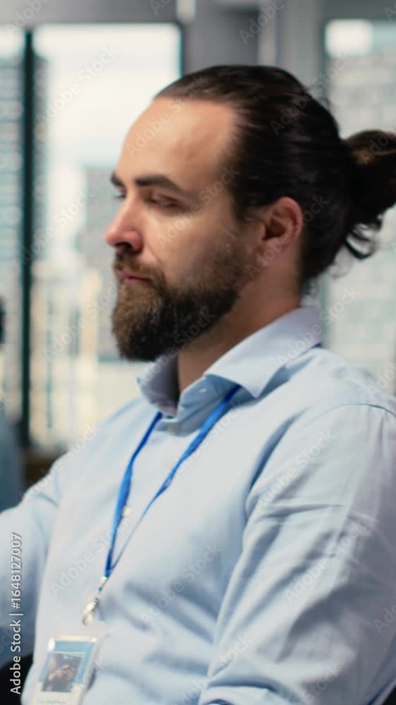 Poster vertical video close up of happy trader in prop firm workplace analyzing market data and executing t