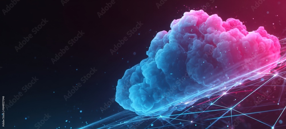 Poster the cloud floating above a futuristic neon network grid representing data connectivity