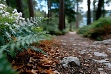 Fototapeta premium This beautiful image depicts lush fern leaves framing a rocky path in a serene forest, inviting wanderers into the wild's tranquil embrace and vibrant life.
