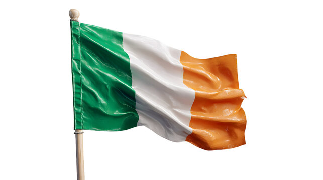 A waving flag of ireland with green white and orange colors on a pole against black background
