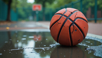 Worn basketball resting on wet pavement in urban court setting